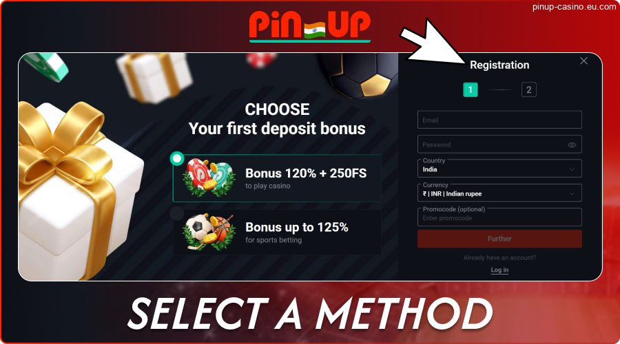 Select registration method in Pin-Up IN